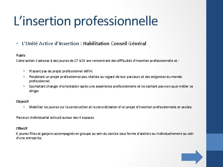 L’insertion professionnelle • L’Unité Active d’Insertion : Habilitation Conseil Général Public Cette action s’adresse