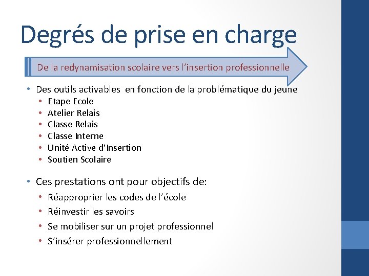 Degrés de prise en charge De la redynamisation scolaire vers l’insertion professionnelle • Des