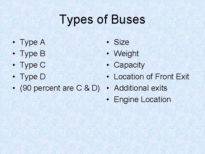 Types of Buses • • • Type A Type B Type C Type D