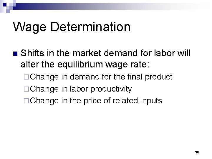 Wage Determination n Shifts in the market demand for labor will alter the equilibrium