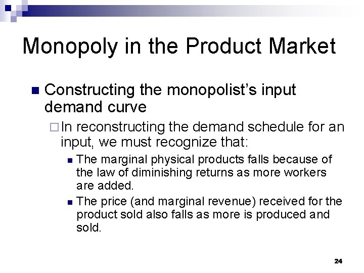 Monopoly in the Product Market n Constructing the monopolist’s input demand curve ¨ In