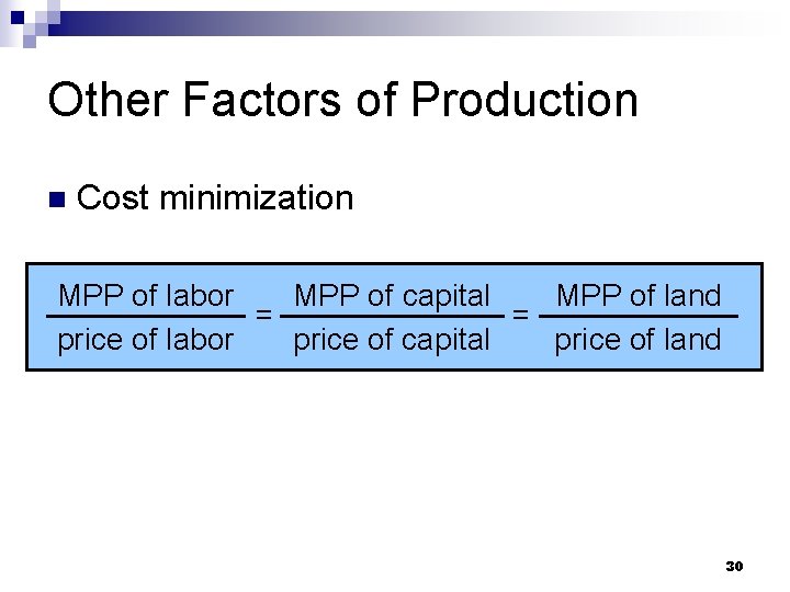 Other Factors of Production n Cost minimization MPP of labor MPP of capital MPP