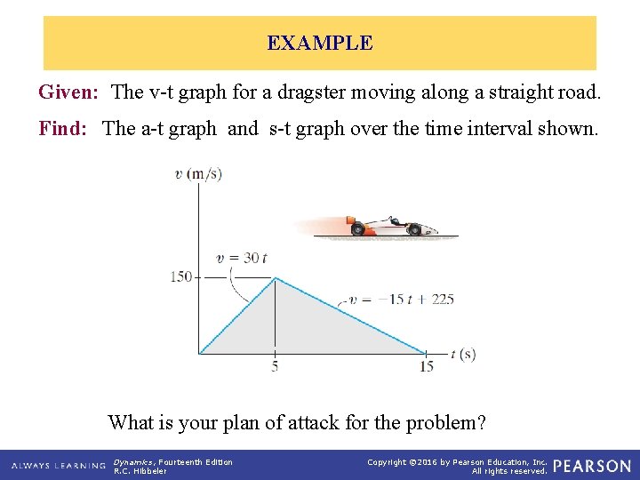 EXAMPLE Given: The v-t graph for a dragster moving along a straight road. Find: EXAMPLE Given: The v-t graph for a dragster moving along a straight road. Find: