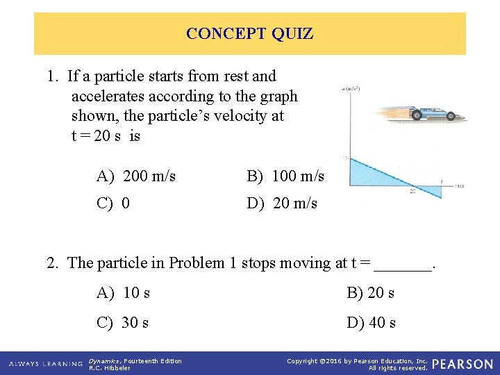 CONCEPT QUIZ 1. If a particle starts from rest and accelerates according to the CONCEPT QUIZ 1. If a particle starts from rest and accelerates according to the
