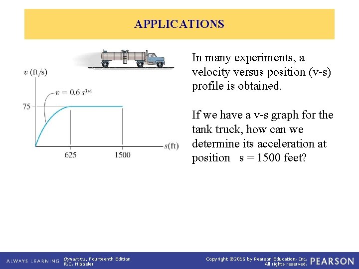 APPLICATIONS In many experiments, a velocity versus position (v-s) profile is obtained. If we