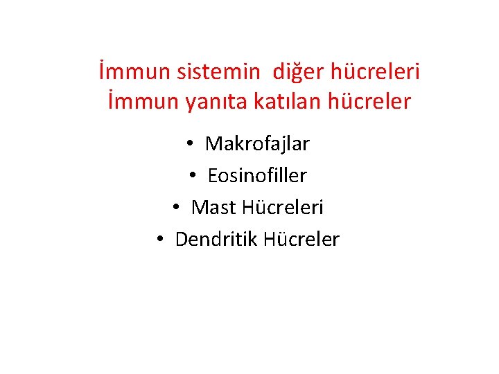 İmmun sistemin diğer hücreleri İmmun yanıta katılan hücreler • Makrofajlar • Eosinofiller • Mast