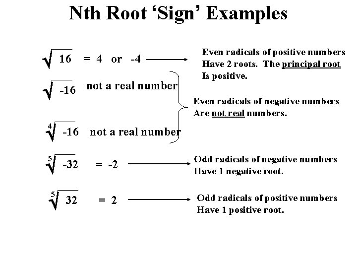 Nth Root ‘Sign’ Examples 16 -16 not a real number = 4 or -4