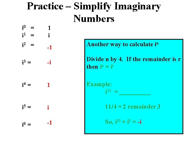 Practice – Simplify Imaginary Numbers i 0 = i 1 = 1 i i