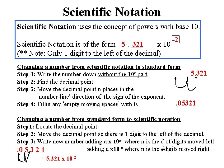 Scientific Notation uses the concept of powers with base 10. 5 ______ 321 Scientific