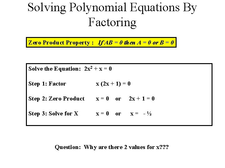 Solving Polynomial Equations By Factoring Zero Product Property : If AB = 0 then