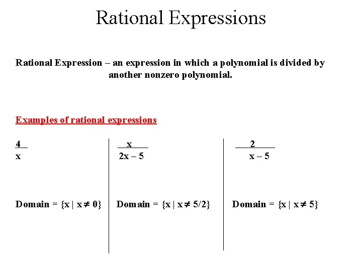 Rational Expressions Rational Expression – an expression in which a polynomial is divided by