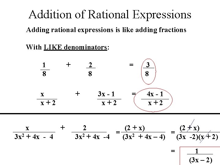 Addition of Rational Expressions Adding rational expressions is like adding fractions With LIKE denominators: