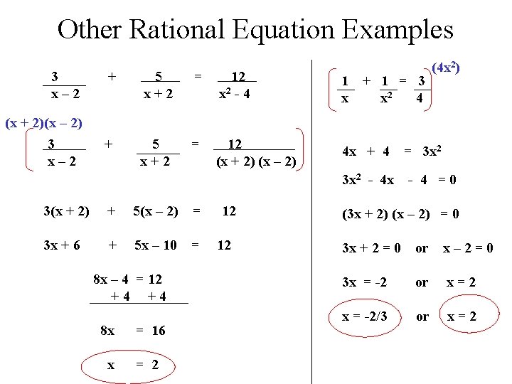 Other Rational Equation Examples 3 x– 2 (x + 2)(x – 2) 3 x–