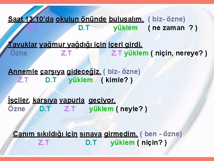 Saat 13: 10’da okulun önünde buluşalım. ( biz- özne) Z. T D. T yüklem