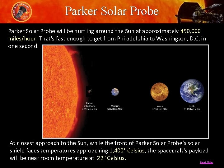 Parker Solar Probe will be hurtling around the Sun at approximately 450, 000 miles/hour!
