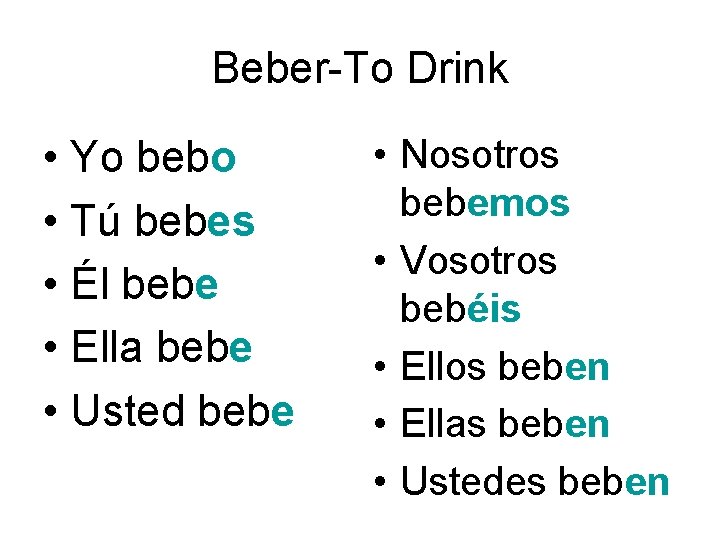 Beber-To Drink • Yo bebo • Tú bebes • Él bebe • Ella bebe