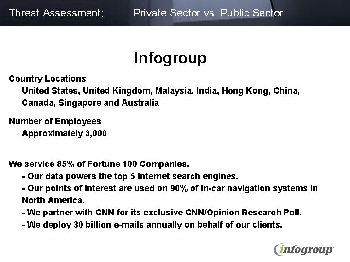 Threat Assessment; Private Sector vs. Public Sector Infogroup Country Locations United States, United Kingdom,