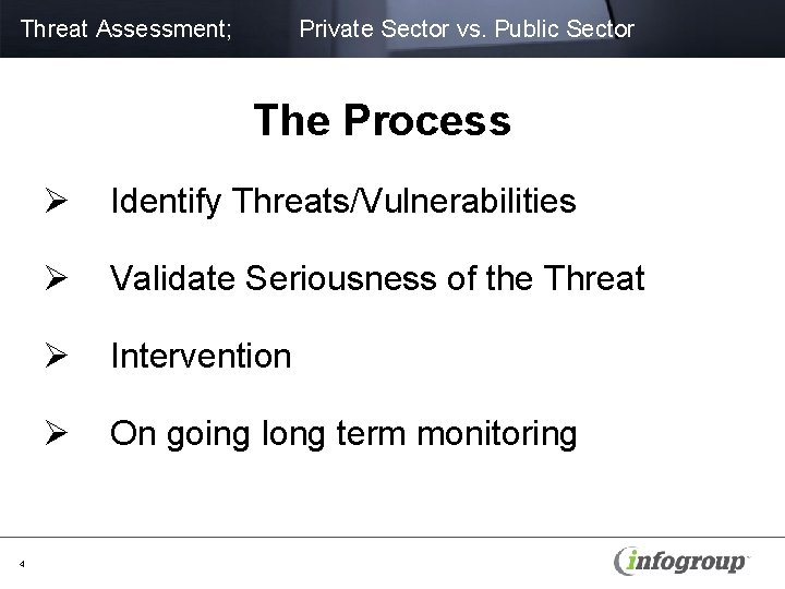 Threat Assessment; Private Sector vs. Public Sector The Process 4 Ø Identify Threats/Vulnerabilities Ø