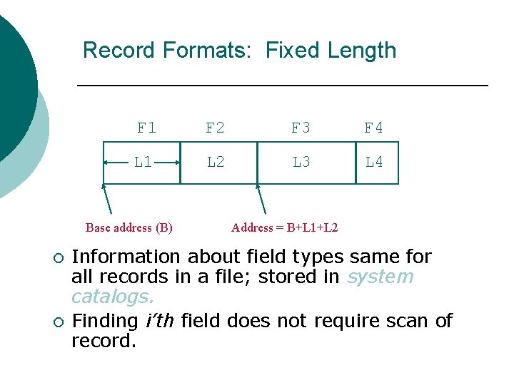 Record Formats: Fixed Length F 1 F 2 F 3 F 4 L 1