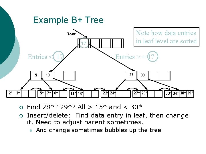 Example B+ Tree Note how data entries in leaf level are sorted Root 17