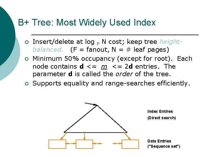 B+ Tree: Most Widely Used Index ¡ ¡ ¡ Insert/delete at log F N