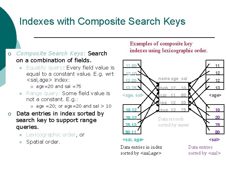 Indexes with Composite Search Keys ¡ Composite Search Keys: Search on a combination of