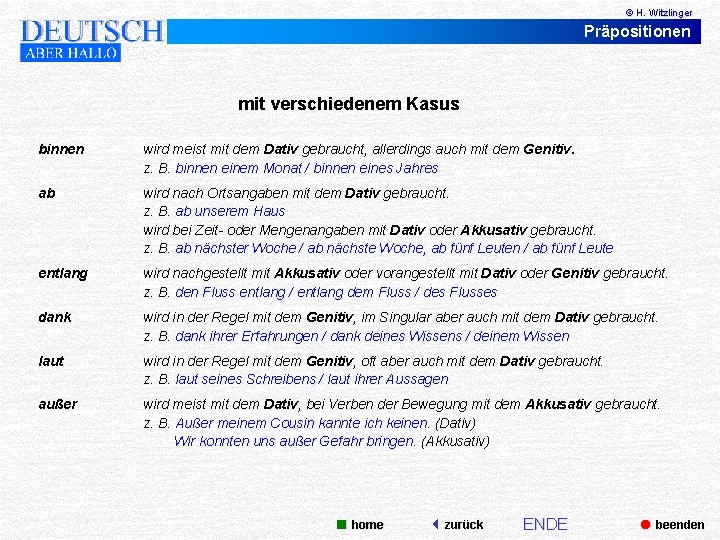 © H. Witzlinger Präpositionen mit verschiedenem Kasus binnen wird meist mit dem Dativ gebraucht,