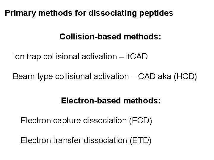 Primary methods for dissociating peptides Collision-based methods: Ion trap collisional activation – it. CAD