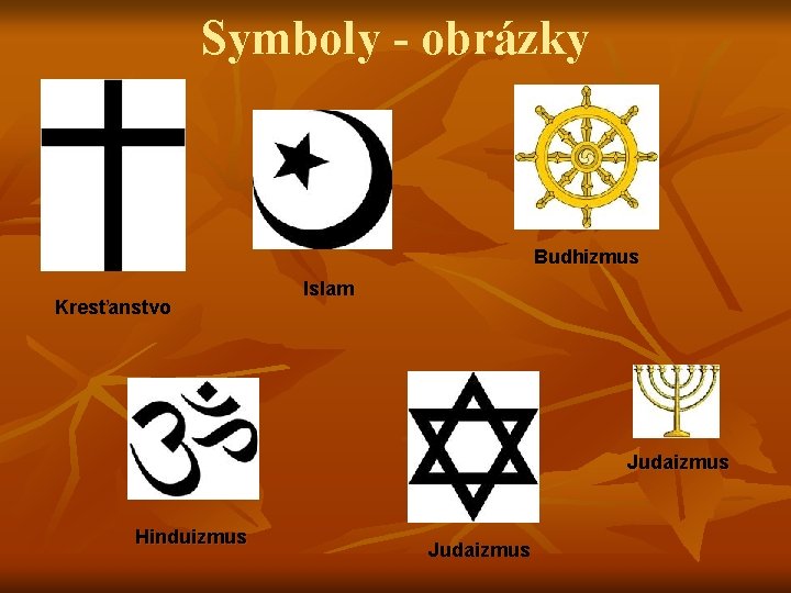 Symboly - obrázky Budhizmus Kresťanstvo Islam Judaizmus Hinduizmus Judaizmus 