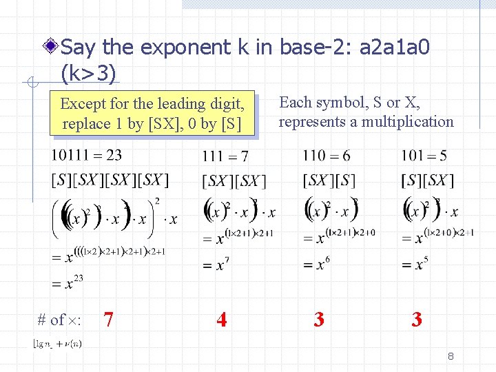 Say the exponent k in base-2: a 2 a 1 a 0 (k>3) Except