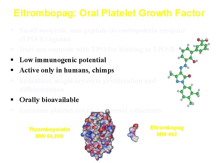 Eltrombopag: Oral Platelet Growth Factor § Small molecule, non-peptide thrombopoietin receptor (TPO-R) agonist §