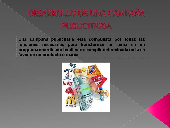 DESARROLLO DE UNA CAMPAÑA PUBLICITARIA Una campaña publicitaria esta compuesta por todas las funciones