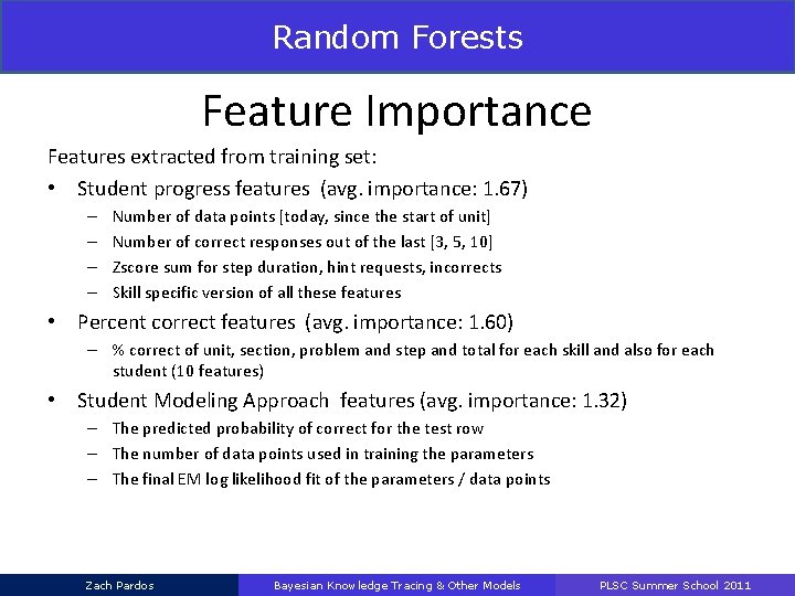 Random Forests Feature Importance Features extracted from training set: • Student progress features (avg.