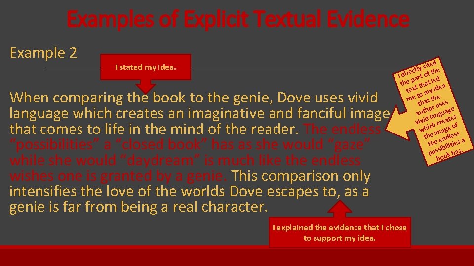 Examples of Explicit Textual Evidence Example 2 I stated my idea. When comparing the
