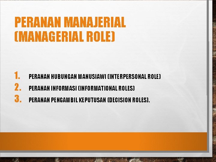 PERANAN MANAJERIAL (MANAGERIAL ROLE) 1. 2. 3. PERANAN HUBUNGAN MANUSIAWI (INTERPERSONAL ROLE) PERANAN INFORMASI