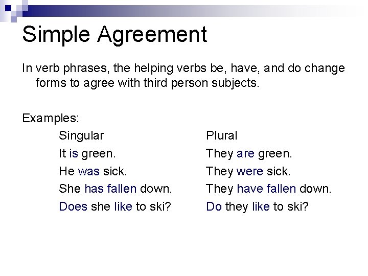 Simple Agreement In verb phrases, the helping verbs be, have, and do change forms