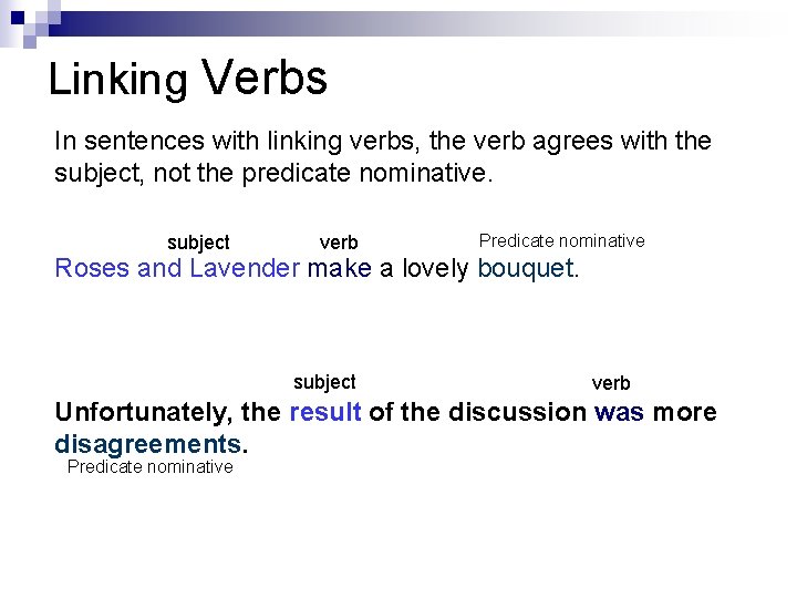 Linking Verbs In sentences with linking verbs, the verb agrees with the subject, not