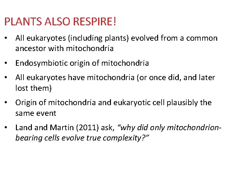 PLANTS ALSO RESPIRE! • All eukaryotes (including plants) evolved from a common ancestor with