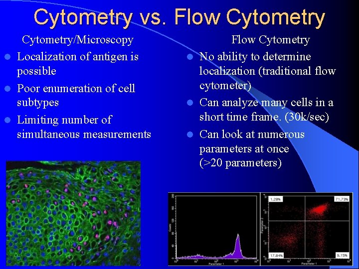 Cytometry vs. Flow Cytometry/Microscopy l Localization of antigen is possible l Poor enumeration of