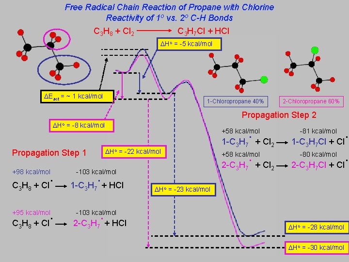 Free Radical Chain Reaction of Propane with Chlorine Reactivity of 1 o vs. 2