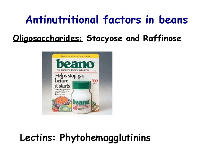 Antinutritional factors in beans Oligosaccharides: Stacyose and Raffinose Lectins: Phytohemagglutinins 