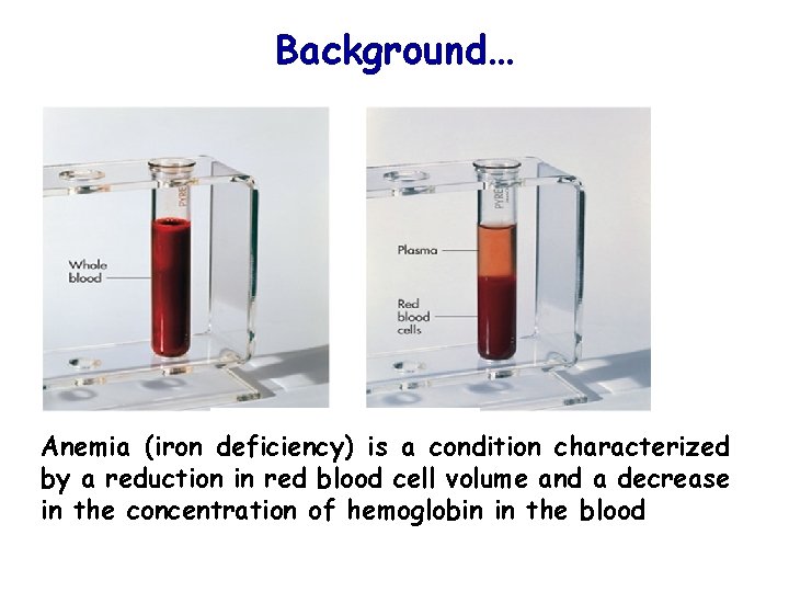 Background… Anemia (iron deficiency) is a condition characterized by a reduction in red blood