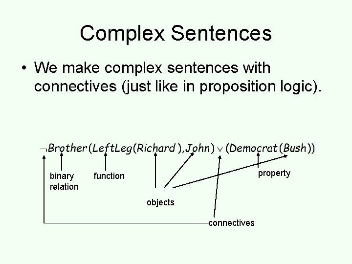 Complex Sentences • We make complex sentences with connectives (just like in proposition logic).