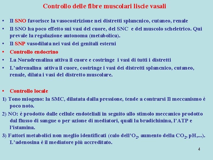 Controllo delle fibre muscolari liscie vasali • Il SNO favorisce la vasocostrizione nei distretti