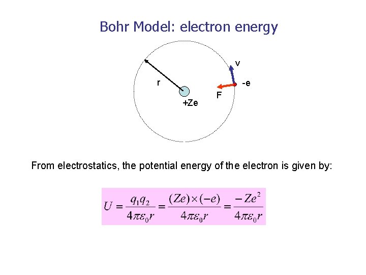 Bohr Model: electron energy v r -e +Ze F From electrostatics, the potential energy