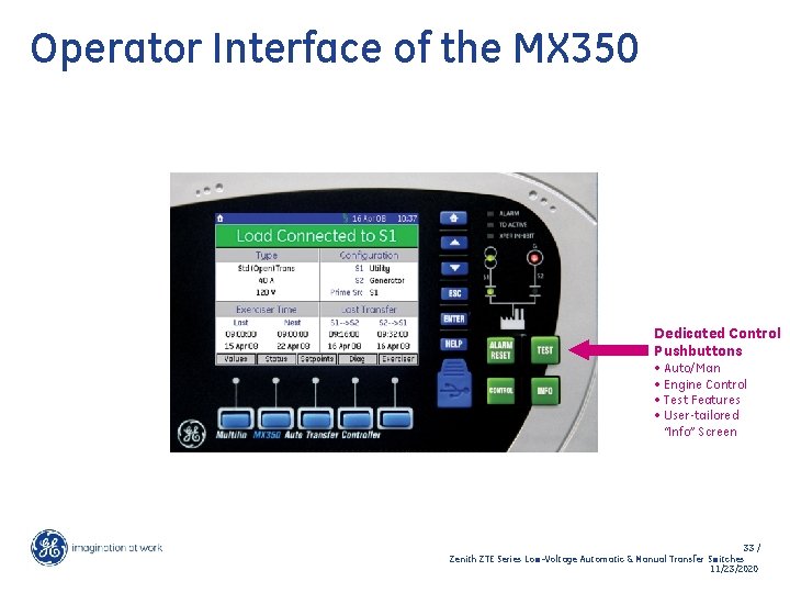 Operator Interface of the MX 350 Dedicated Control Pushbuttons • Auto/Man • Engine Control