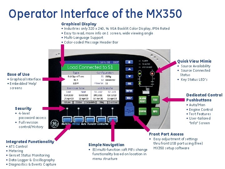 Operator Interface of the MX 350 Graphical Display • Industries only 320 x 240,