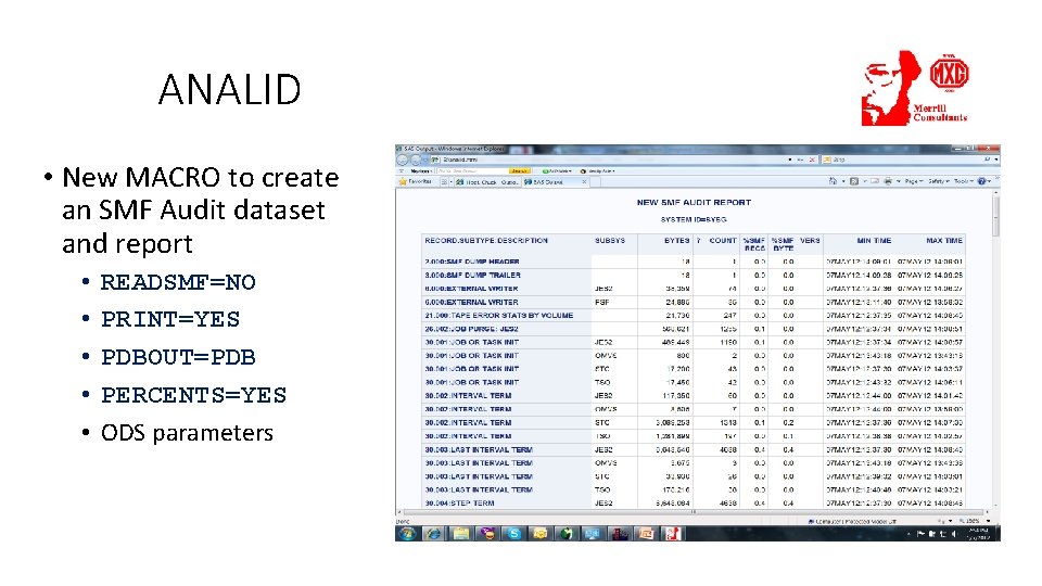 ANALID • New MACRO to create an SMF Audit dataset and report • •