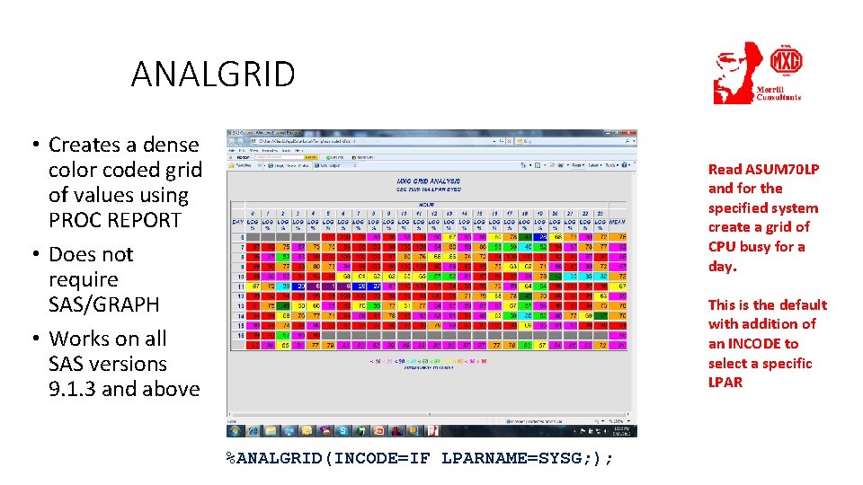 ANALGRID • Creates a dense color coded grid of values using PROC REPORT •