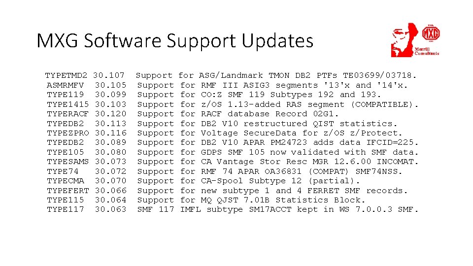 MXG Software Support Updates TYPETMD 2 ASMRMFV TYPE 119 TYPE 1415 TYPERACF TYPEDB 2